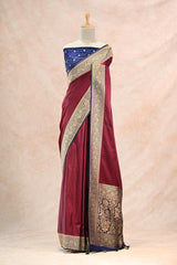 Blue Semi Satin Silk Saree with Contrast Red Floral Gold Zari Border