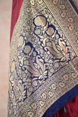 Maroon Semi Satin Silk Saree with Contrast Red Floral Gold Zari Border