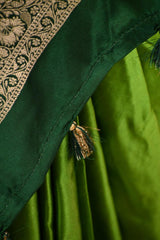 Green Semi Satin Silk Saree with Contrast Red Floral Gold Zari Border