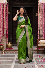 Green Semi Satin Silk Saree with Contrast Red Floral Gold Zari Border