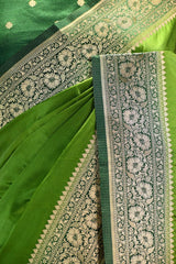 Green Semi Satin Silk Saree with Contrast Red Floral Gold Zari Border