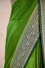 Green Semi Satin Silk Saree with Contrast Red Floral Gold Zari Border