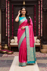 Pink Semi Satin Silk Saree with Contrast Sky Blue Floral Gold Zari Border