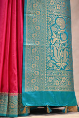 Pink Semi Satin Silk Saree with Contrast Sky Blue Floral Gold Zari Border