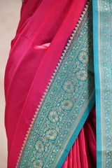 Pink Semi Satin Silk Saree with Contrast Sky Blue Floral Gold Zari Border