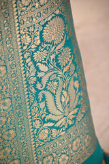 Pink Semi Satin Silk Saree with Contrast Sky Blue Floral Gold Zari Border