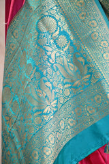 Pink Semi Satin Silk Saree with Contrast Sky Blue Floral Gold Zari Border