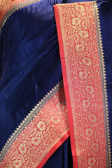 Blue Semi Satin Silk Saree with Contrast Red Floral Gold Zari Border