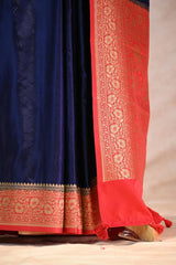 Blue Semi Satin Silk Saree with Contrast Red Floral Gold Zari Border