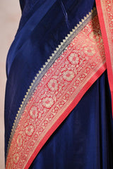 Blue Semi Satin Silk Saree with Contrast Red Floral Gold Zari Border