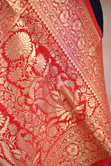 Blue Semi Satin Silk Saree with Contrast Red Floral Gold Zari Border