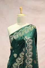 Bottle Green Semi Satin Silk Saree Gold Zari Woven and Floral Rose Motif