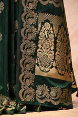 Bottle Green Semi Satin Silk Saree Gold Zari Woven and Floral Rose Motif
