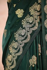 Bottle Green Semi Satin Silk Saree Gold Zari Woven and Floral Rose Motif
