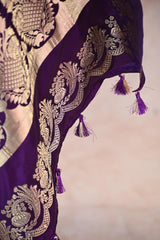 Purple Semi Satin Silk Saree Gold Zari Woven and Floral Rose Motif