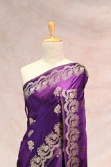 Purple Semi Satin Silk Saree Gold Zari Woven and Floral Rose Motif
