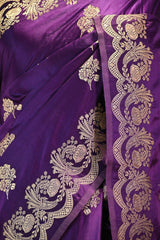Purple Semi Satin Silk Saree Gold Zari Woven and Floral Rose Motif