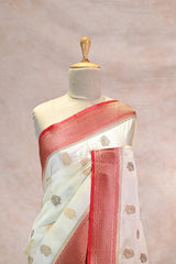 White Semi Silk Banarsi Saree With Gold Zari Woven