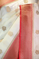 White Semi Silk Banarsi Saree With Gold Zari Woven