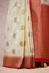 White Semi Silk Banarsi Saree With Gold Zari Woven