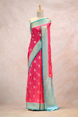 Rani Pink Semi Silk Banarsi Saree With Gold Zari Woven