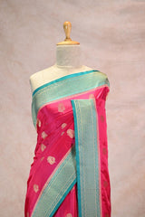 Rani Pink Semi Silk Banarsi Saree With Gold Zari Woven
