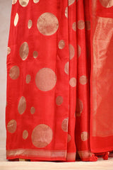 Red Viscose Semi Tussar Silk Saree with Gold Zari Woven Circular Motifs