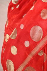 Red Viscose Semi Tussar Silk Saree with Gold Zari Woven Circular Motifs
