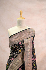 Black Semi Silk Saree with Resham Floral Weave