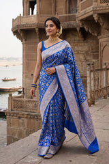 Royal Blue Semi Silk Saree with Resham Floral Weave