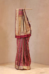 Brown Semi-Katan Silk Saree with Gold & Silver Stripes and Rich Zari Pallu