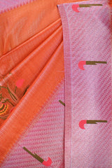 Orange Semi Tissue Paithani Saree with Meenakari Floral Butta