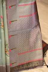 Pastel Green Semi Tissue Paithani Saree with Meenakari Floral Butta
