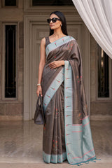 Women inSmoky Grey Semi Tissue Paithani Saree with Meenakari Floral Butta 