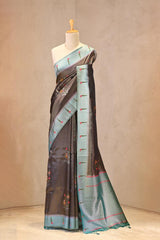 Smoky Grey Semi Tissue Paithani Saree with Meenakari Floral Butta