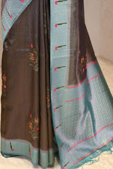 Smoky Grey Semi Tissue Paithani Saree with Meenakari Floral Butta