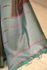 Smoky Grey Semi Tissue Paithani Saree with Meenakari Floral Butta
