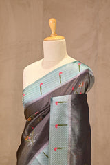 Smoky Grey Semi Tissue Paithani Saree with Meenakari Floral Butta
