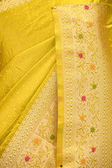 Chartreuse Green Semi Satin Silk Saree With Meenakari
