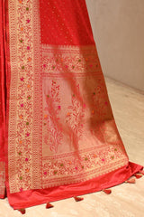 Red Semi Satin Silk Saree With Meenakari