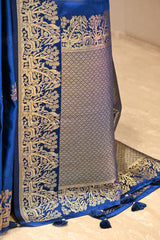 Royal Blue Semi satin Silk Saree with Golden Bird Butas