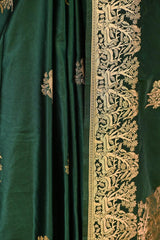 Bottle Green Semi satin Silk Saree with Golden Bird Butas