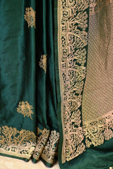 Bottle Green Semi satin Silk Saree with Golden Bird Butas