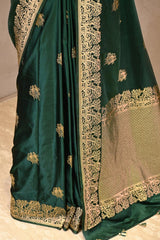 Bottle Green Semi satin Silk Saree with Golden Bird Butas