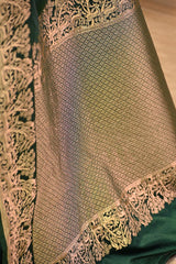 Bottle Green Semi satin Silk Saree with Golden Bird Butas