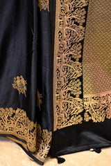 Black Semi Satin Silk Saree with Golden Bird Butas