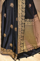 Black Semi Satin Silk Saree with Golden Bird Butas