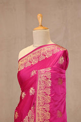 Rani Pink Semi Satin Silk Saree with Golden Bird Butas