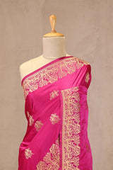 Rani Pink Semi Satin Silk Saree with Golden Bird Butas