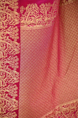 Rani Pink Semi Satin Silk Saree with Golden Bird Butas